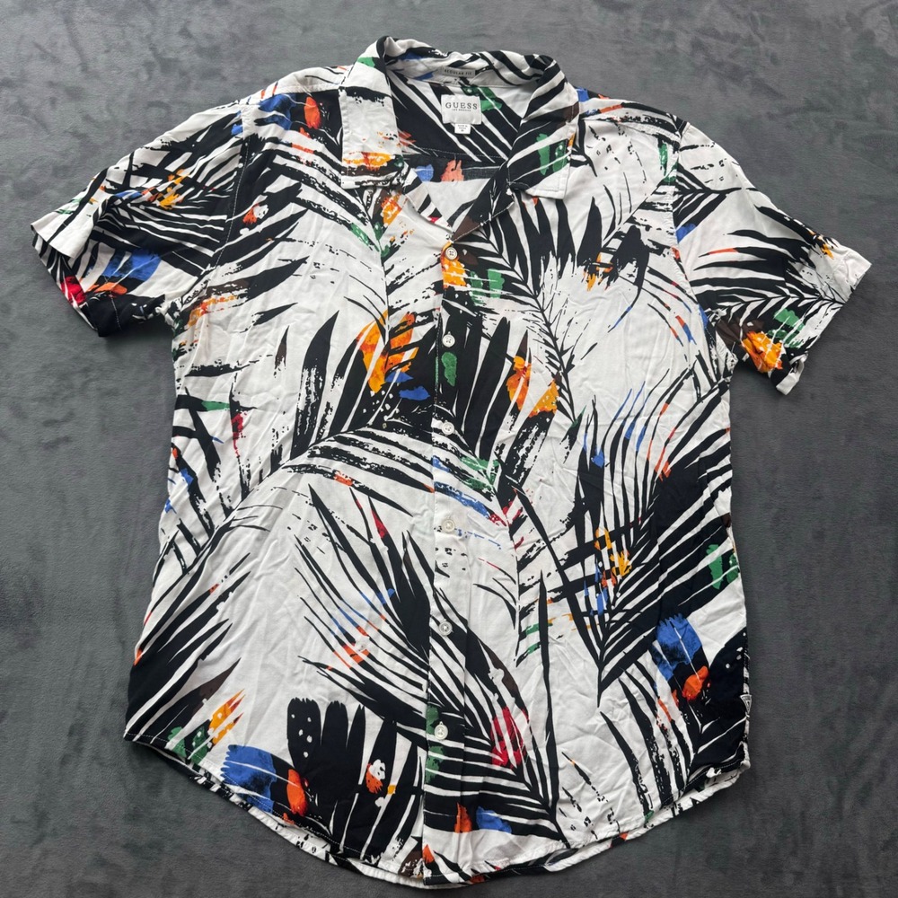 Guess Los Angeles Mens Medium Tropical Palm Leaf Print Short Sleeve Button Down